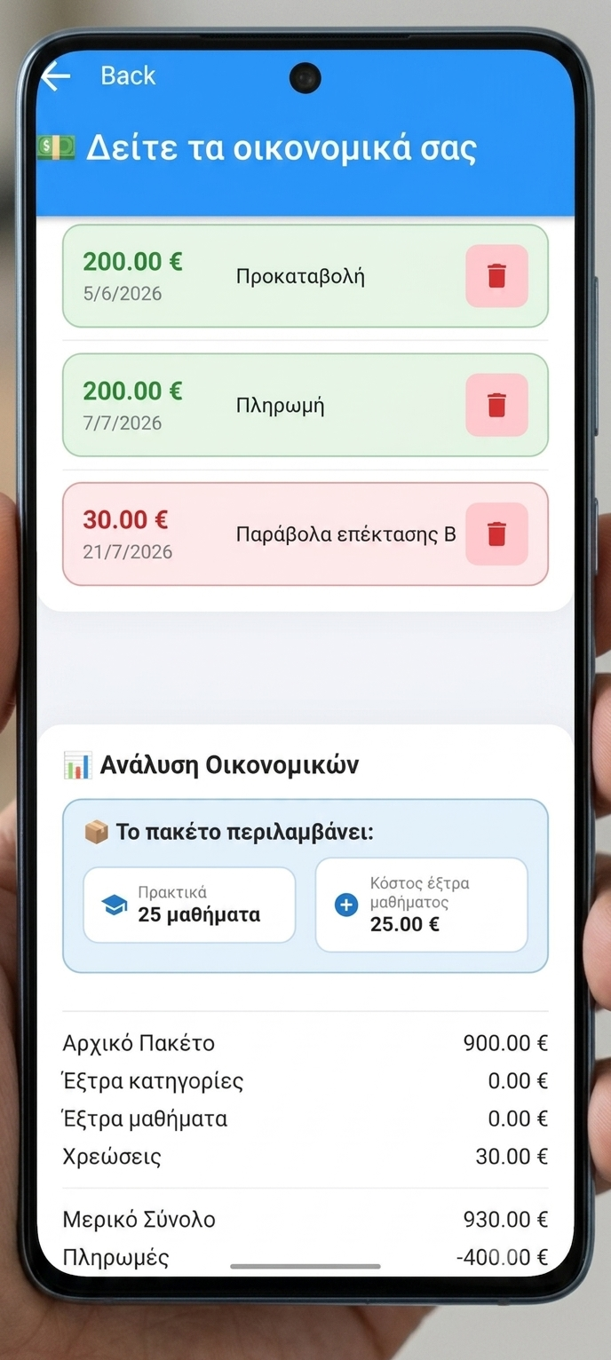 Ιστορικό πληρωμών και χρεώσεων μαθητή σχολής οδηγών
